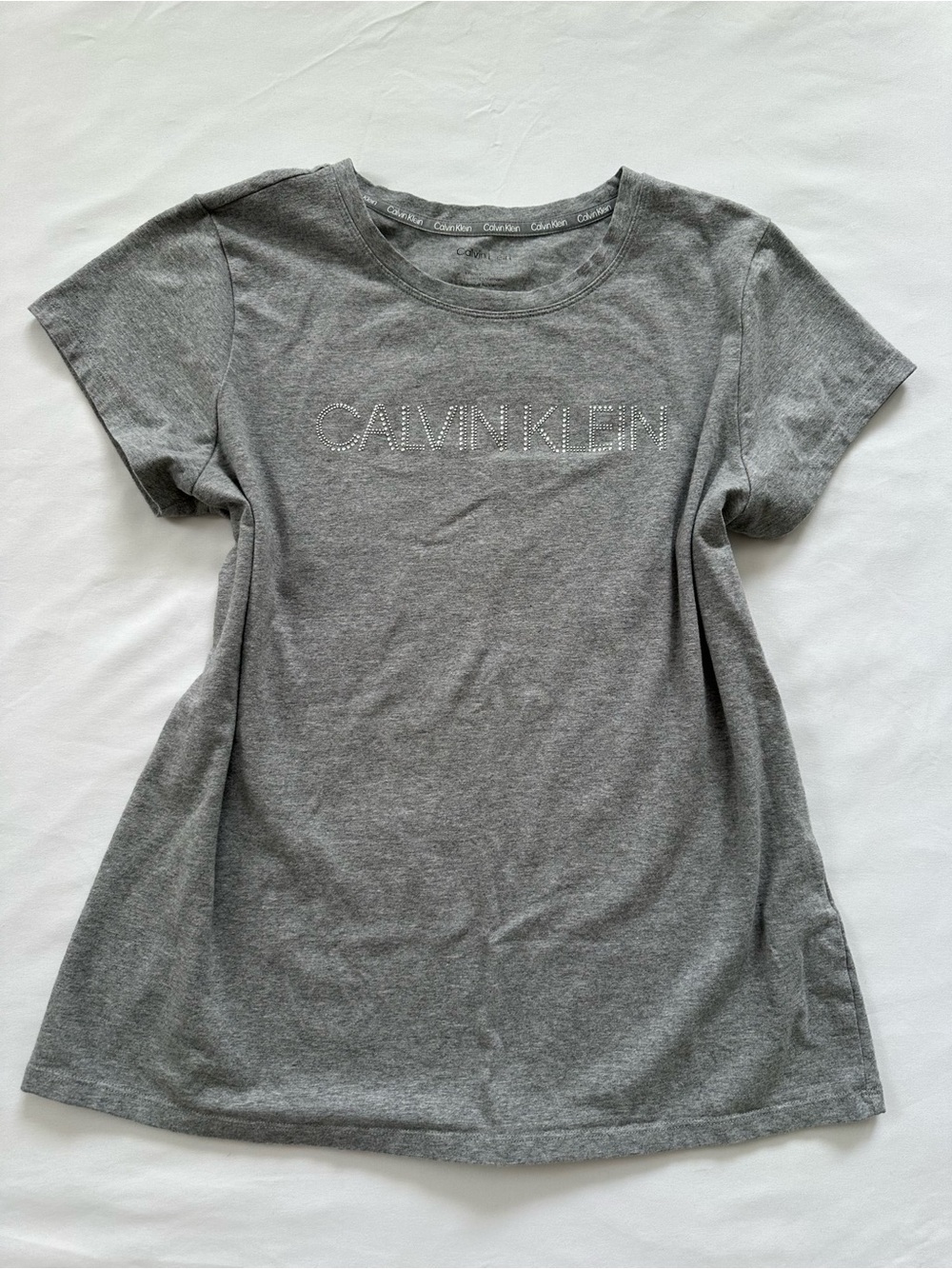 Calvin Klein Rhinestone Logo Gray Cotton Tee